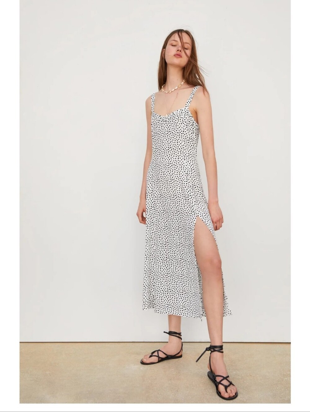Zara White Polka Dot Midi Slip Dress with High Side Slit  Sz S